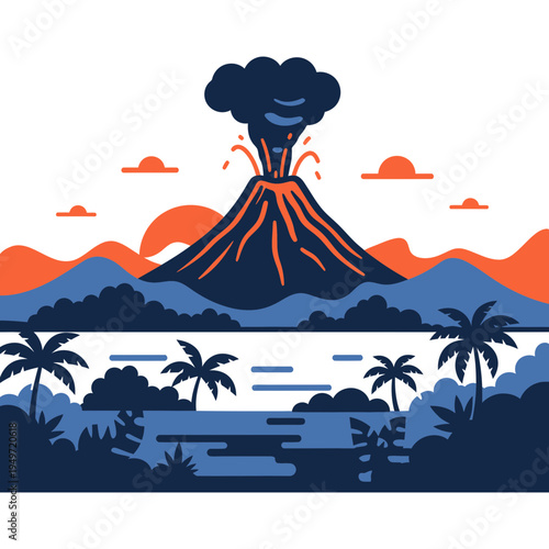 Volcanic Eruption Landscape With Palm Trees vector illustration