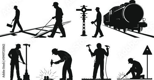 Railroad worker silhouettes set featuring track maintenance and repair crews with tools near train tracks and railway signs vector illustration