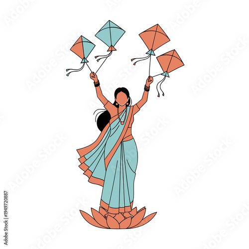 Indian Woman Holding Kites on Lotus vector illustration