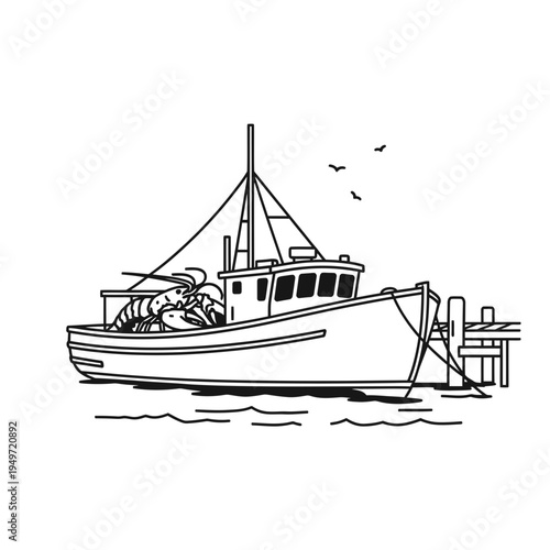 Lobster Boat at Dock Line Art vector illustration