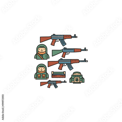 Collection of Armed Military Soldier Equipment vector illustration