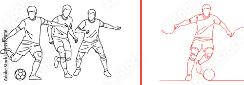 A dynamic vector set of male soccer players in action, featuring black line art of athletes dribbling and red minimalist line illustrations of a player moving with the ball.