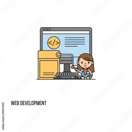 Cute Web Developer Girl with Computer and Code Symbol vector illustration