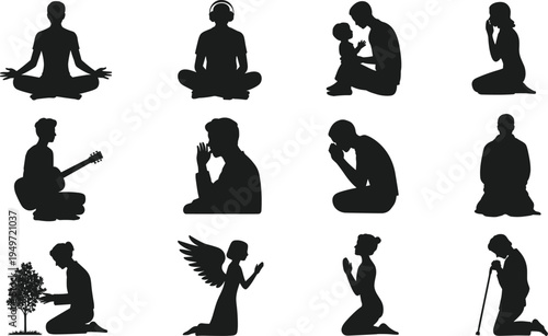 Spiritual people silhouettes set featuring meditation prayer music and family moments in sitting poses cad drawing flat vector illustration collection