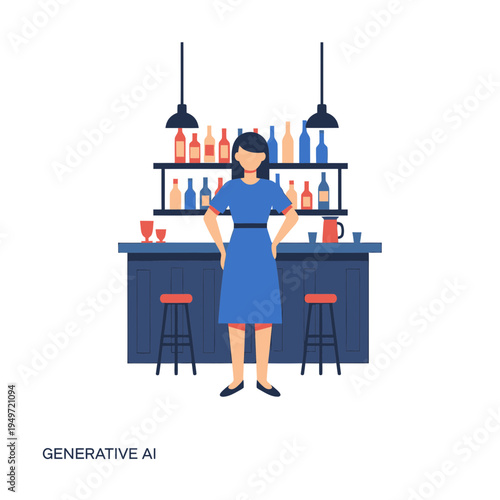 Bartender Woman Standing at Bar Counter vector illustration