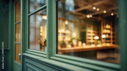 Symmetrical fronton closeup sage green shop front window interior modern minimal post office green silver aluminium warm light realistic