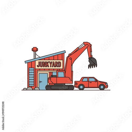 Junkyard with Excavator and Car Vector vector illustration