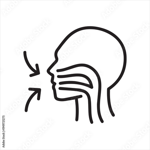 Person inhaling air through mouth and nose, linear icon. Upper respiratory tract. Line with editable stroke
