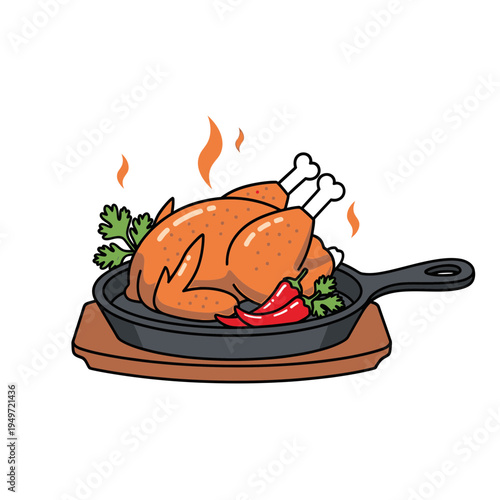 Roasted Chicken on Cast Iron Skillet with Peppers vector illustration
