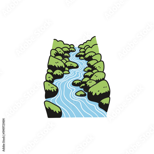 Cartoon River Stream with Rocks and Greenery vector illustration
