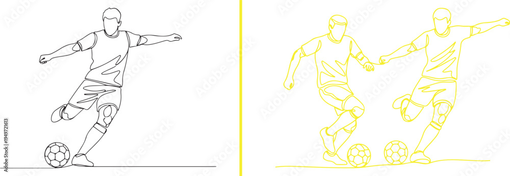 Obraz premium A dynamic vector set featuring male soccer players in action: a detailed black line art sketch of athletes dribbling and kicking, alongside a minimalist blue illustration of a player.