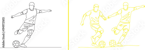 A dynamic vector set featuring male soccer players in action: a detailed black line art sketch of athletes dribbling and kicking, alongside a minimalist blue illustration of a player.