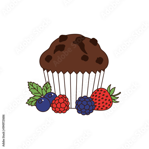 Chocolate Muffin with Fresh Berries vector illustration