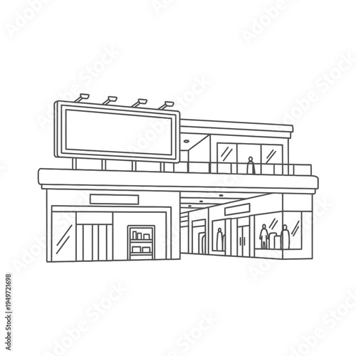 Outline of Modern Shopping Mall Building vector illustration