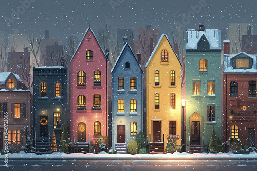 Cozy winter street scene with colorful tall houses covered in snow, warm glowing windows, and gentle snowfall creating festive and peaceful atmosphere at dusk