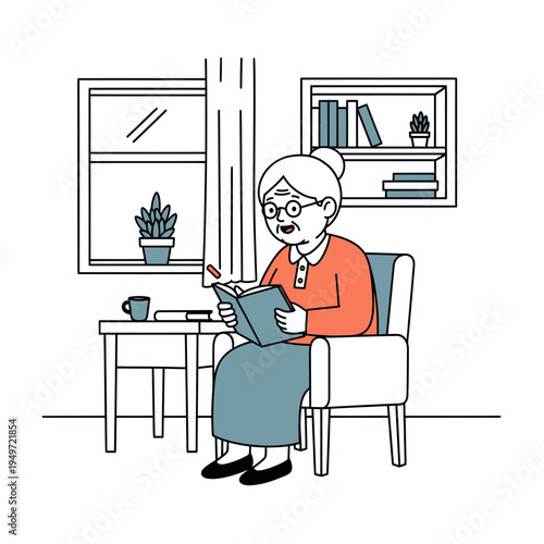 Senior Woman Reading a Book at Home vector illustration