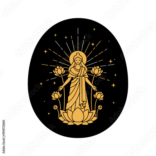 Divine Golden Goddess with Lotus Flowers vector illustration