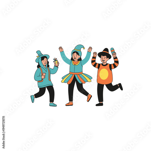 Kids in Halloween Costumes Having Fun vector illustration