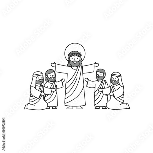 Jesus Christ with Disciples Outline vector illustration