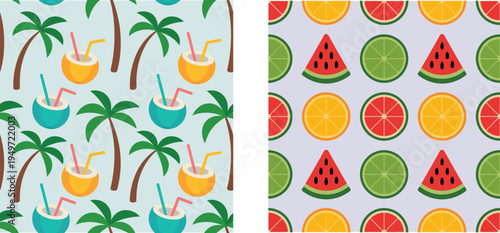 Vibrant fruit patterns with palm trees and refreshing summer drinks on colorful backgrounds