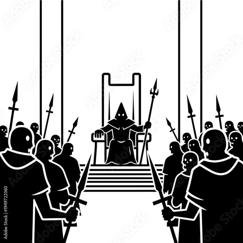 Monochrome Executioner Throne Surrounded by Guards vector illustration