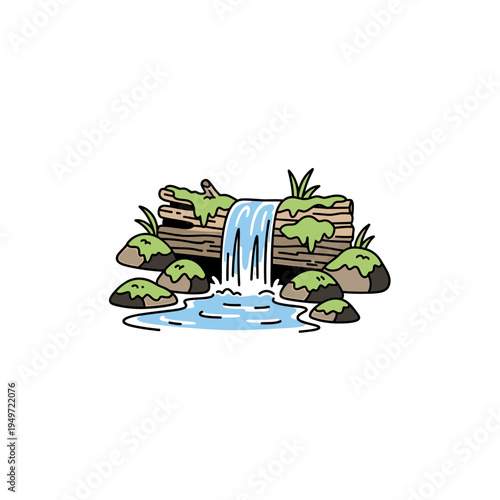 Cute Waterfall with Log and Moss Cartoon vector illustration