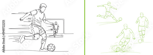 Vector illustrations of soccer players in action: a black line art sketch of a player dribbling near a goal and green minimalist outlines of players kicking and running. Perfect for sports branding.