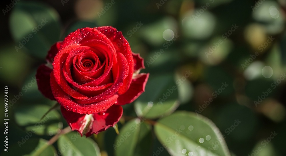 Fototapeta premium Beautiful Red Rose with Dew Drops on Leaves.