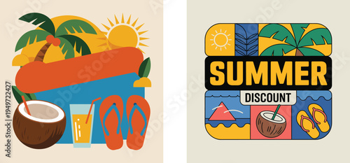 Summer discount concept with tropical elements and colorful icons on beige background