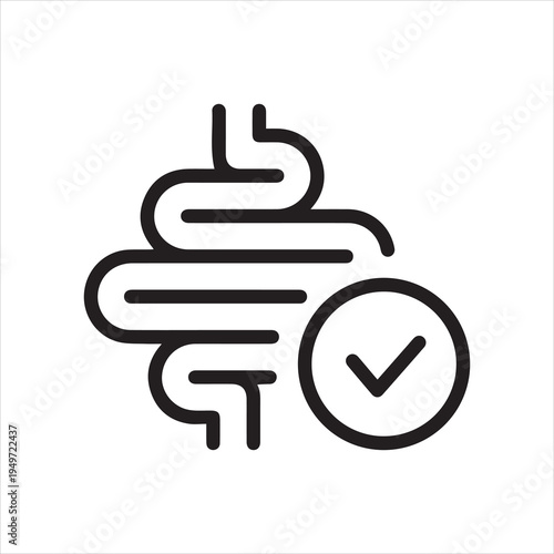 Intestines with checkmark, linear icon. Gut health or digestive wellness. Line with editable stroke.