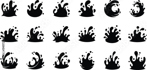 Collection of 16 black ink splatter graphics on white background