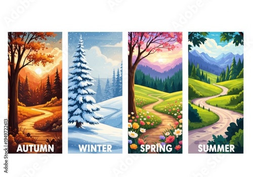 Seasonal landscape illustrations of autumn, winter, spring, and summer