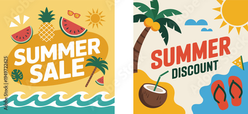 Vibrant summer sale and discount banners with tropical elements and colorful graphics