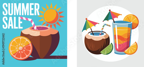 Summer sale concept with coconut cocktails and colorful decorations