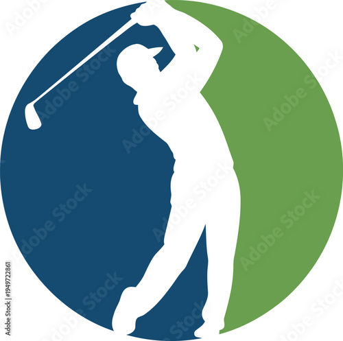 Golf player silhouette swinging club in blue and green circle