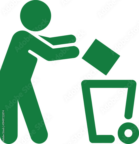 Green icon of person throwing paper into recycling bin cart