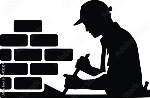 Man in hard hat building brick wall with trowel and bricks on ground