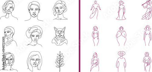 Vector set featuring detailed male hairstyles and minimalist female line art portraits. Includes elegant silhouettes of women in dresses and botanical accents, ideal for beauty and fashion branding.