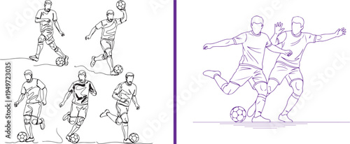 A dynamic vector set featuring male football players in various action poses, including dribbling and kicking a soccer ball, rendered in both black and purple minimalist line art.