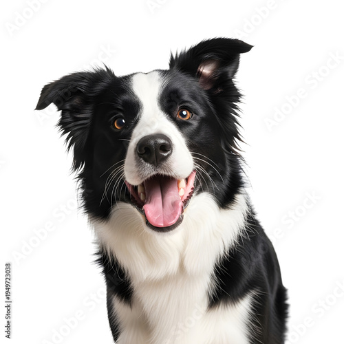 Playful black and white border collie dog with a joyful open-mouth smile isolated on white background