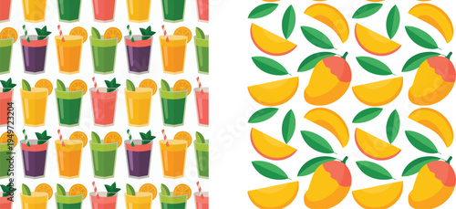 Colorful seamless patterns of fruit and juice glasses