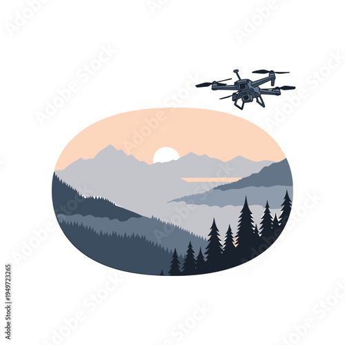 Drone Flying Over Mountain Landscape at Sunset vector illustration