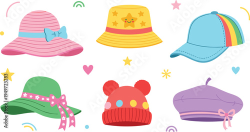 Cute Kawaii Hat Collection Illustration with Striped Bucket Hats Star Sun Hats Rainbow Caps Pom Pom Beanies Berets Bows Ribbons Hearts Stars for Kids Fashion Accessories and Summer Designs