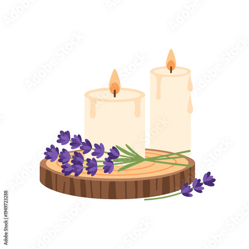 Lavender and Candles on Wooden Stand vector illustration