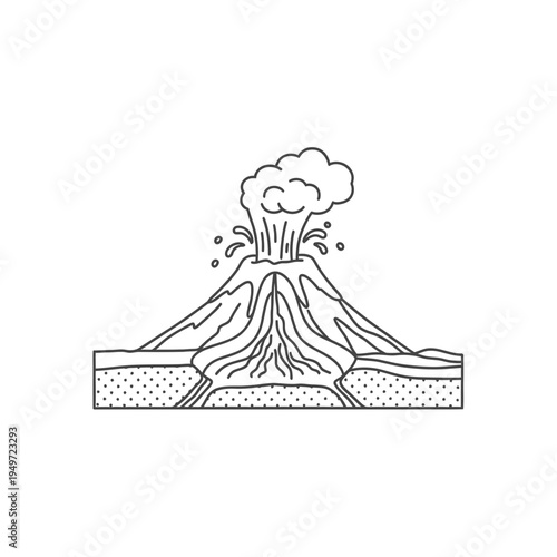 Volcano Eruption Outlined Diagram on White vector illustration