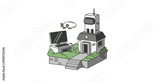 Modern Tower Home With Computer and Airship vector illustration