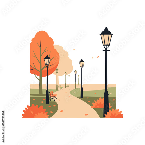 Autumnal Park Path with Lampposts and Benches vector illustration