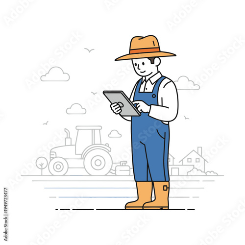 Farmer Using Tablet on a Farm vector illustration