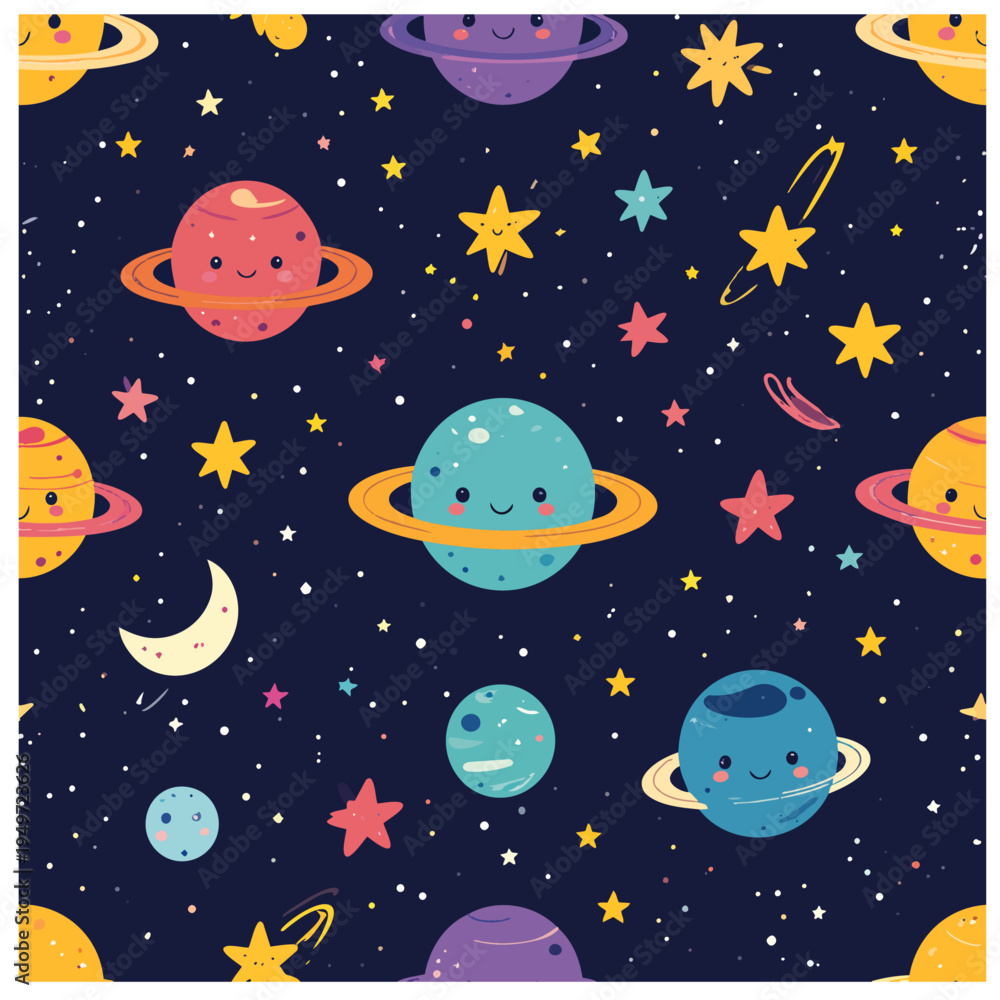 Naklejka premium Seamless Vector Pattern of Cute Aliens, Planets, and Stars for Space Scrapbook Design