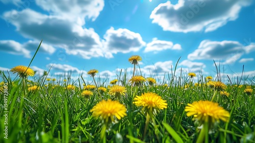 Beautiful meadow with fresh green grass and blooming yellow dandelions under a soft blue sky with clouds, serene spring and summer natural landscape